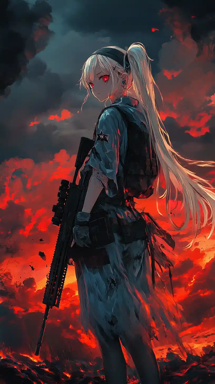 Anime girl aiming a rifle in a ruined war zone