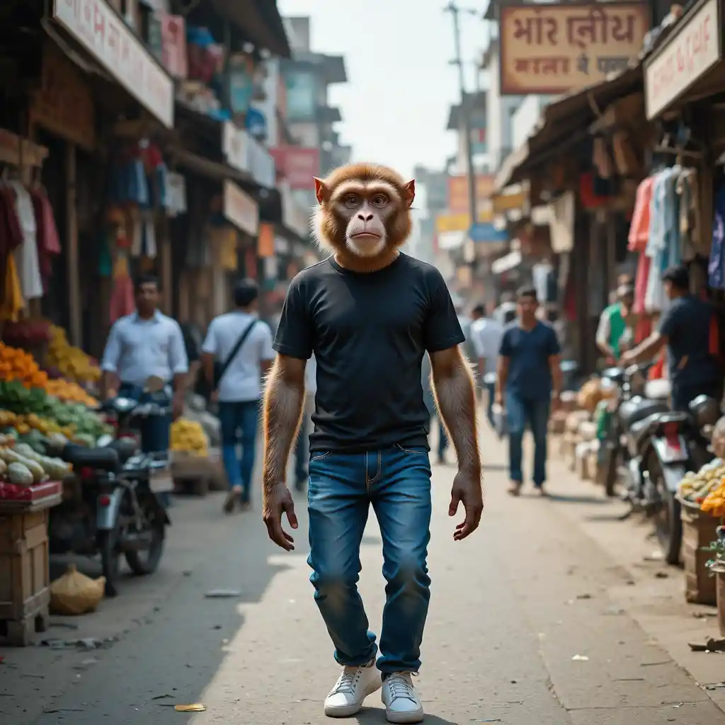 Anthropomorphic Monkey Walking Through Busy Indian Street Market