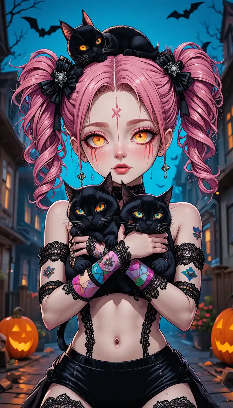 Anime patchwork doll girl in eerie Halloween town