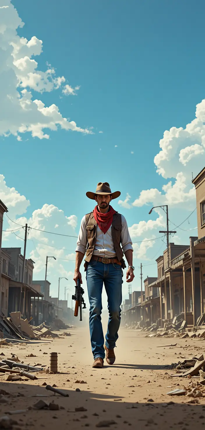 Cowboy che cammina in una polverosa strada del West in stile fumetto