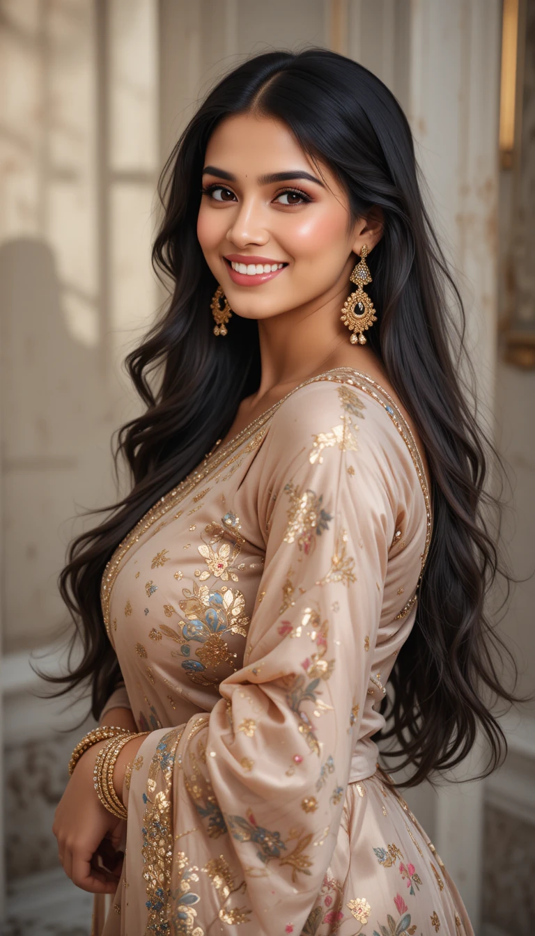 Confident Indian woman in modern traditional outfit smiling warmly