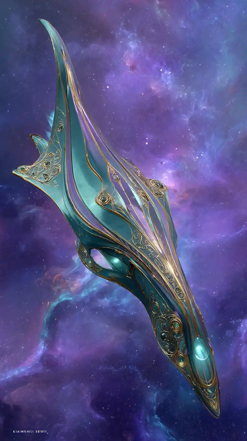 Luxury spaceship cruising through a glowing colorful nebula