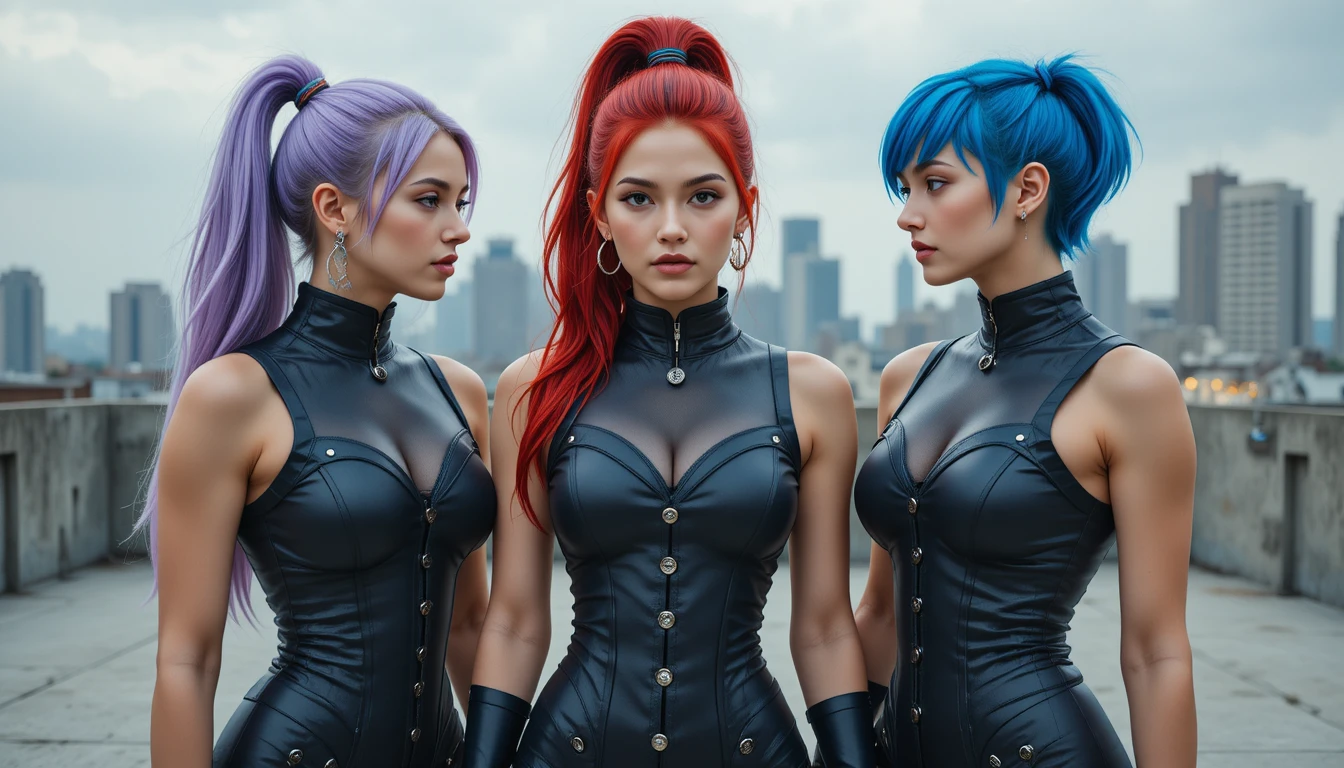 Three women in black leather corsets on city rooftop
