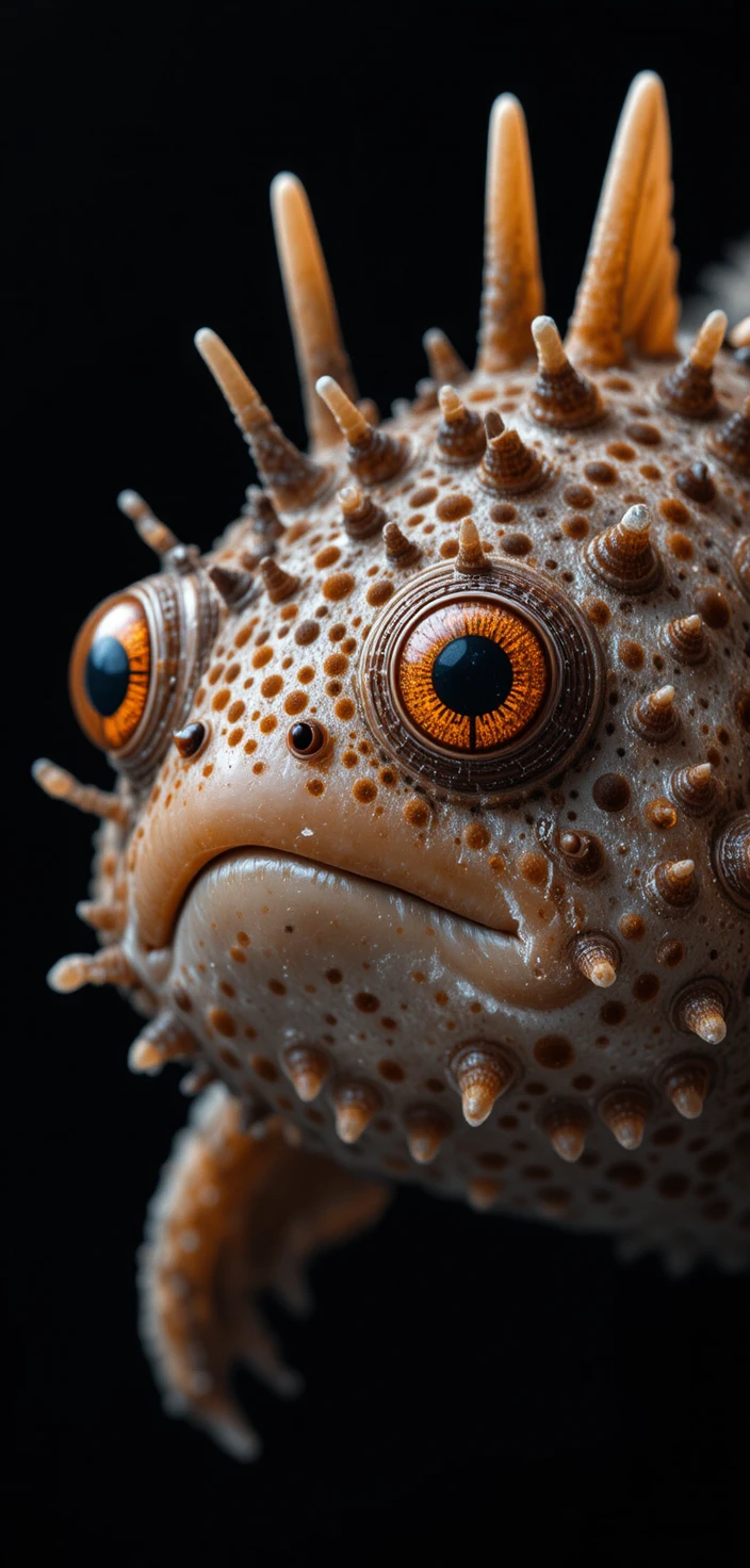 Close up of a spiky pufferfish with bright orange eyes