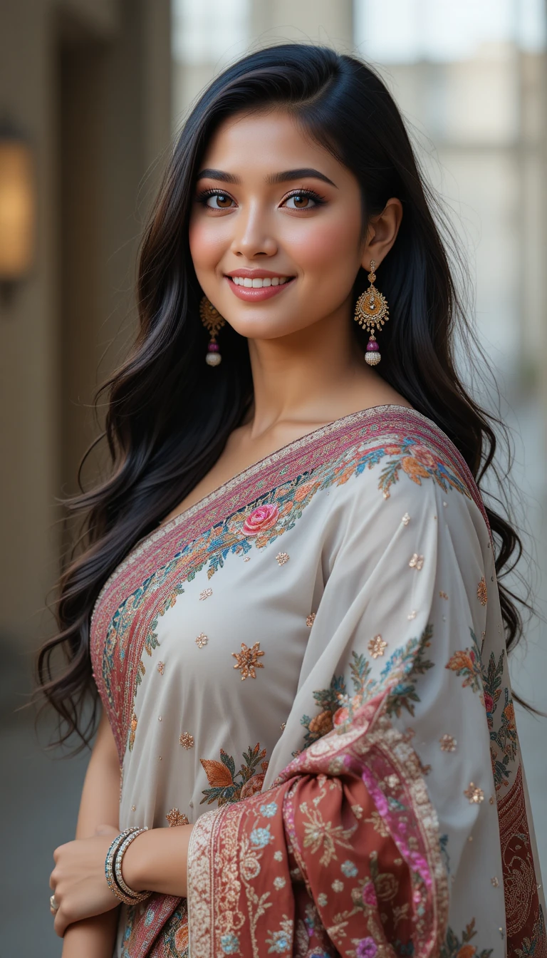 Confident Indian woman in modern traditional outfit smiling