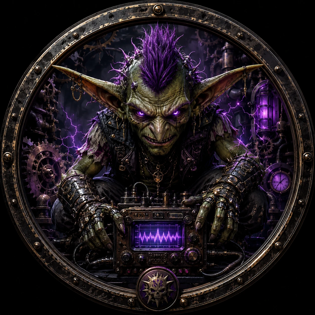 Menacing goblin with audio device in steampunk emblem