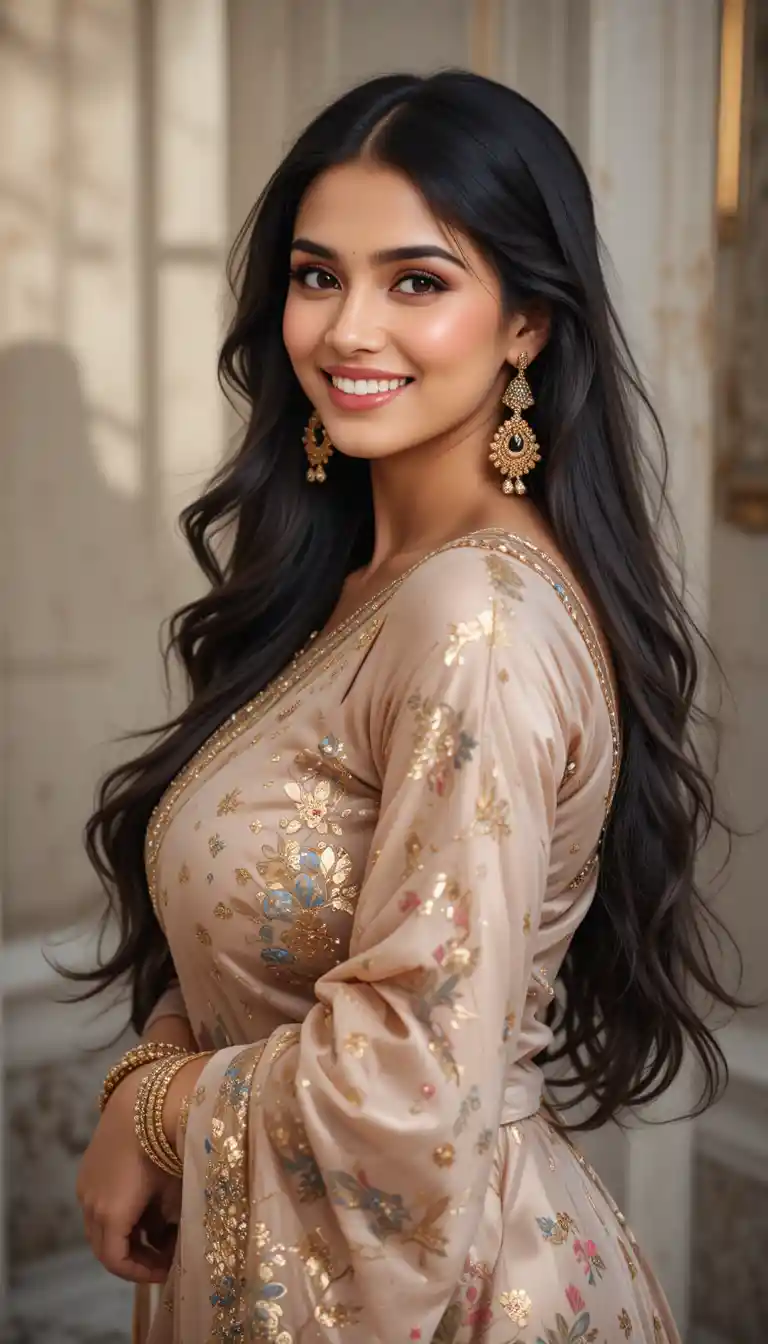 Confident Indian woman in modern traditional outfit smiling warmly