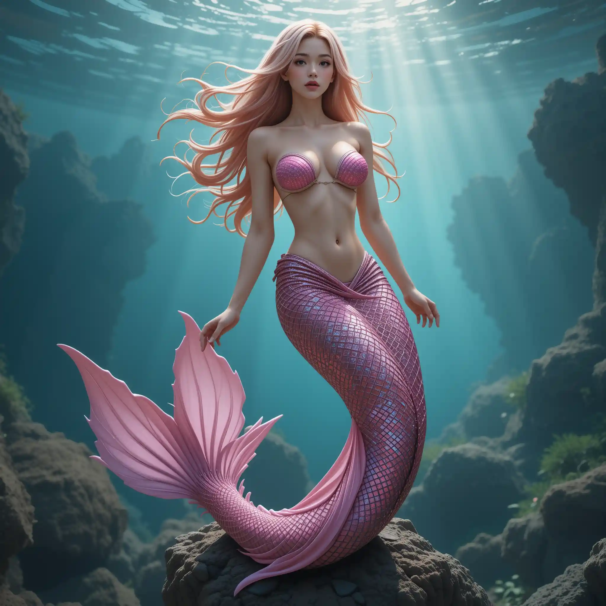 Topless fantasy mermaid woman with intricate split tail