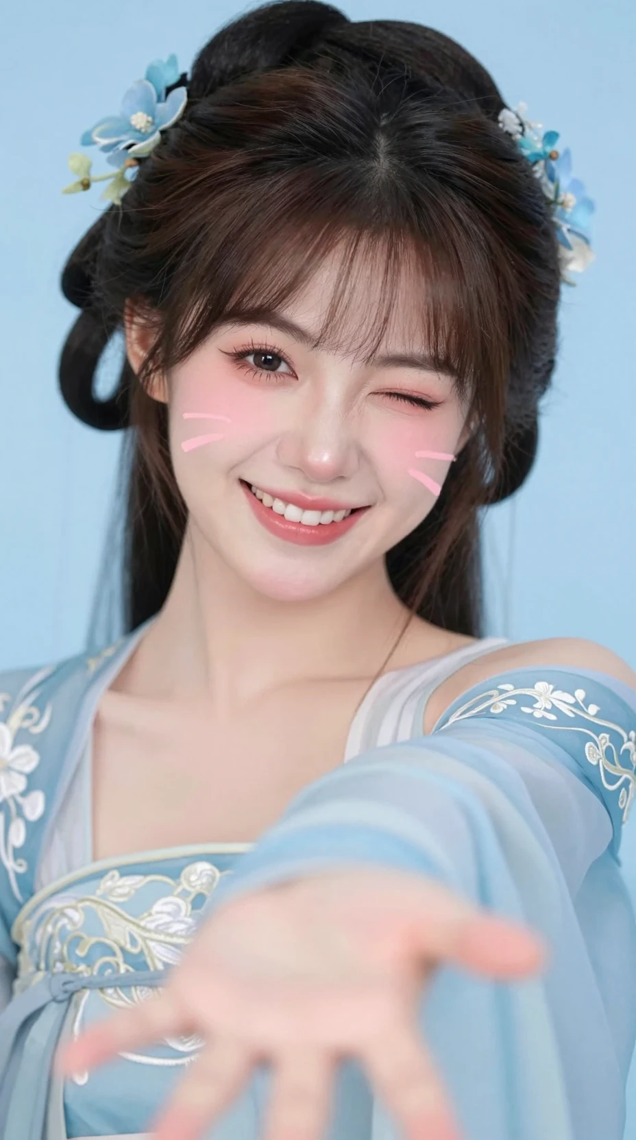 Playful young Asian woman winking in light blue portrait