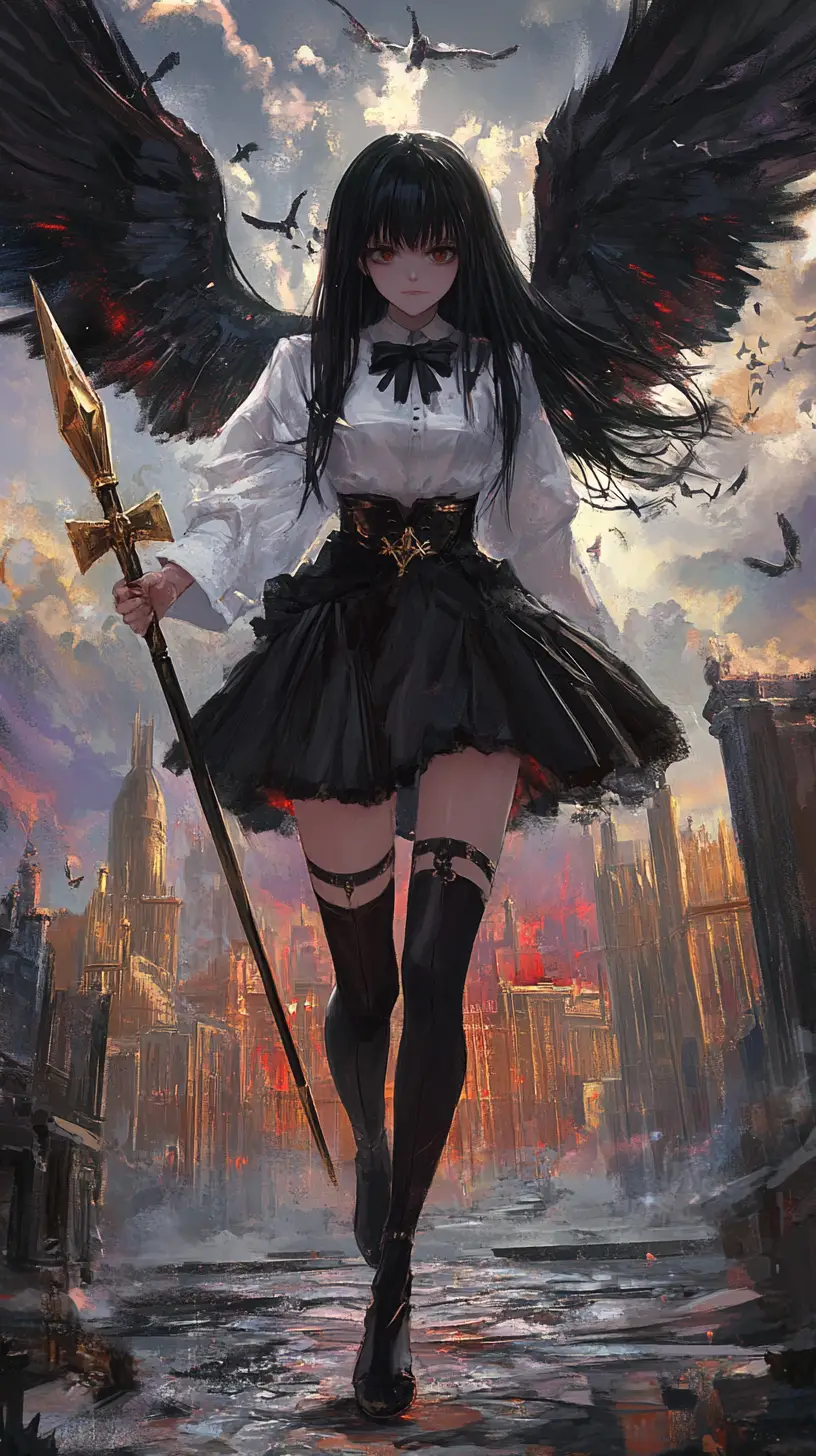 Anime girl with dark halo and geometric angel wings