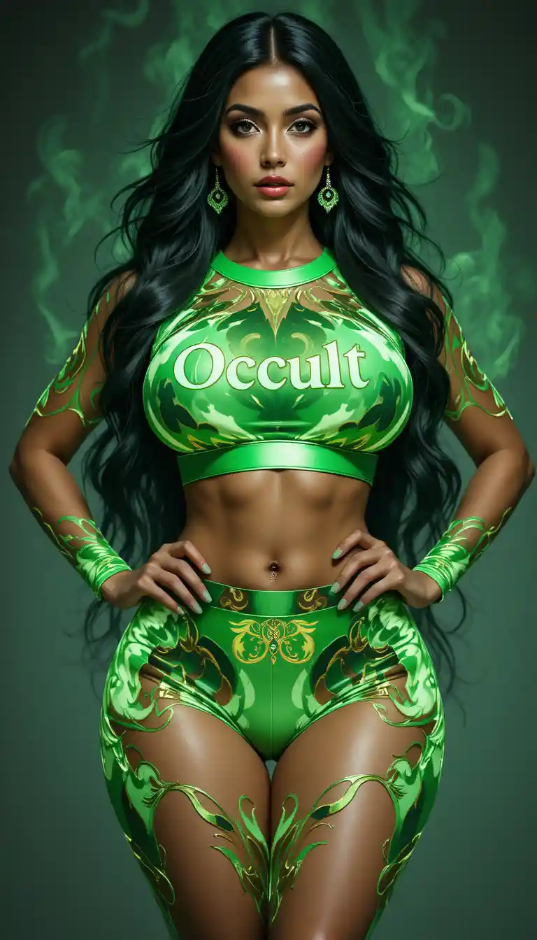 East Indian woman in neon flame sportswear with logo details