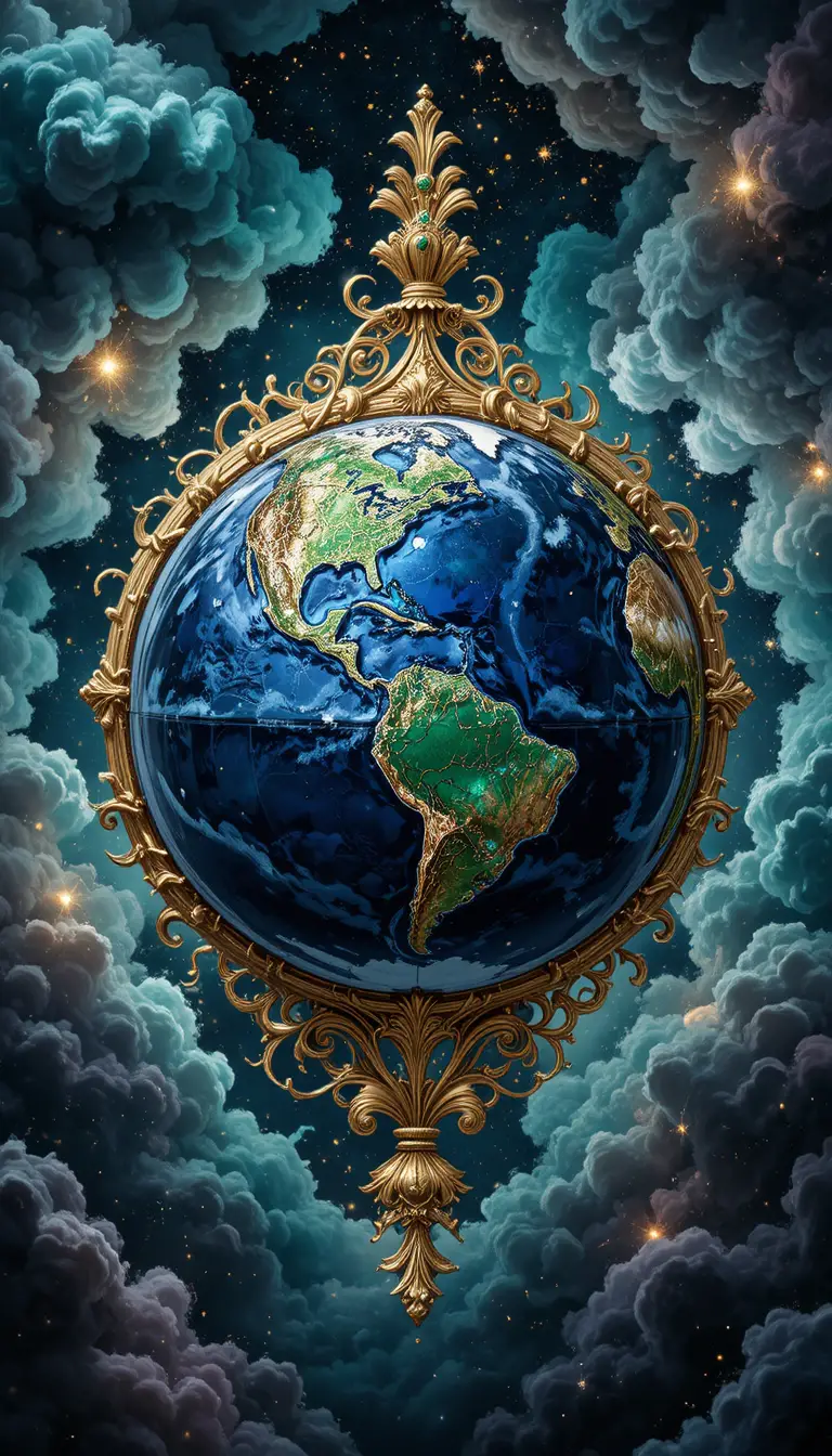 Ornate jewel like Earth floating in vibrant cosmic space