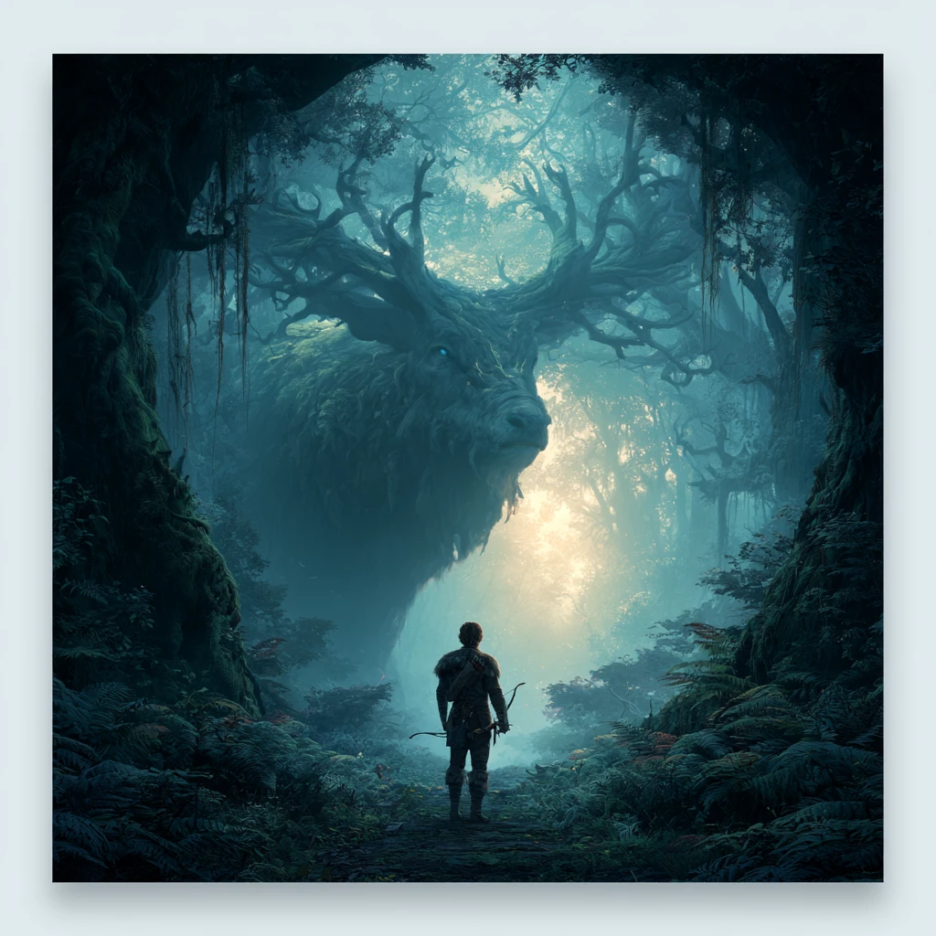 Archer meeting a rare stag on a mystical forest path