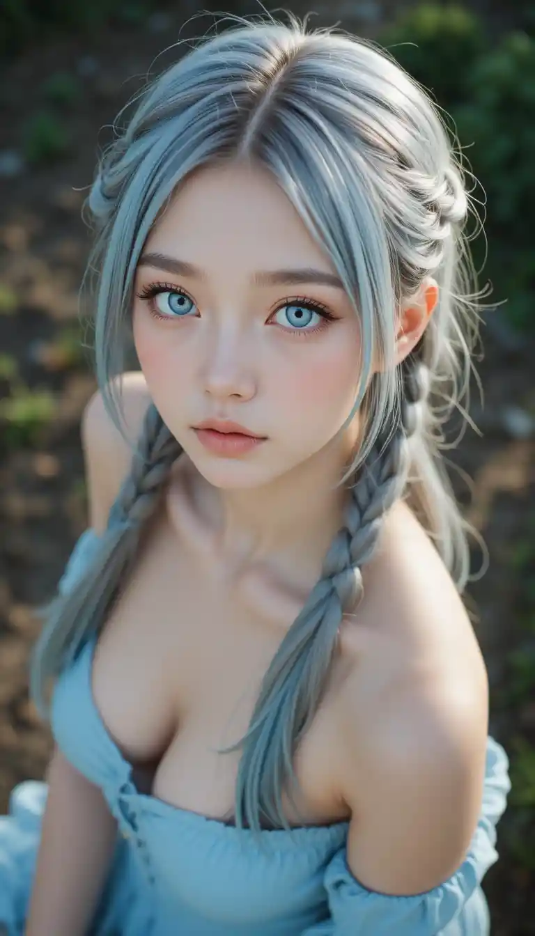 Anime-Mädchen-Porträt, das im weichen natürlichen Licht nach oben blickt