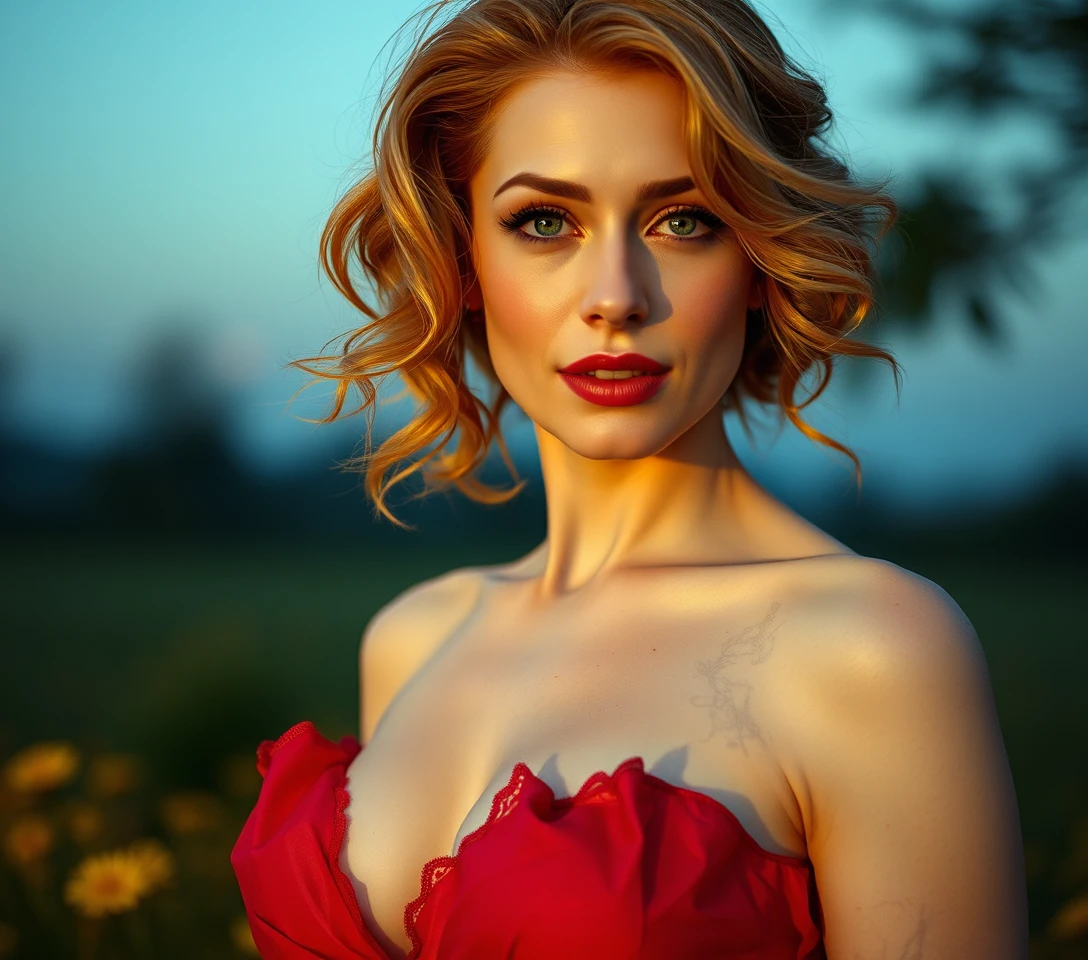 Woman in tattered red satin dress under eerie moonlight