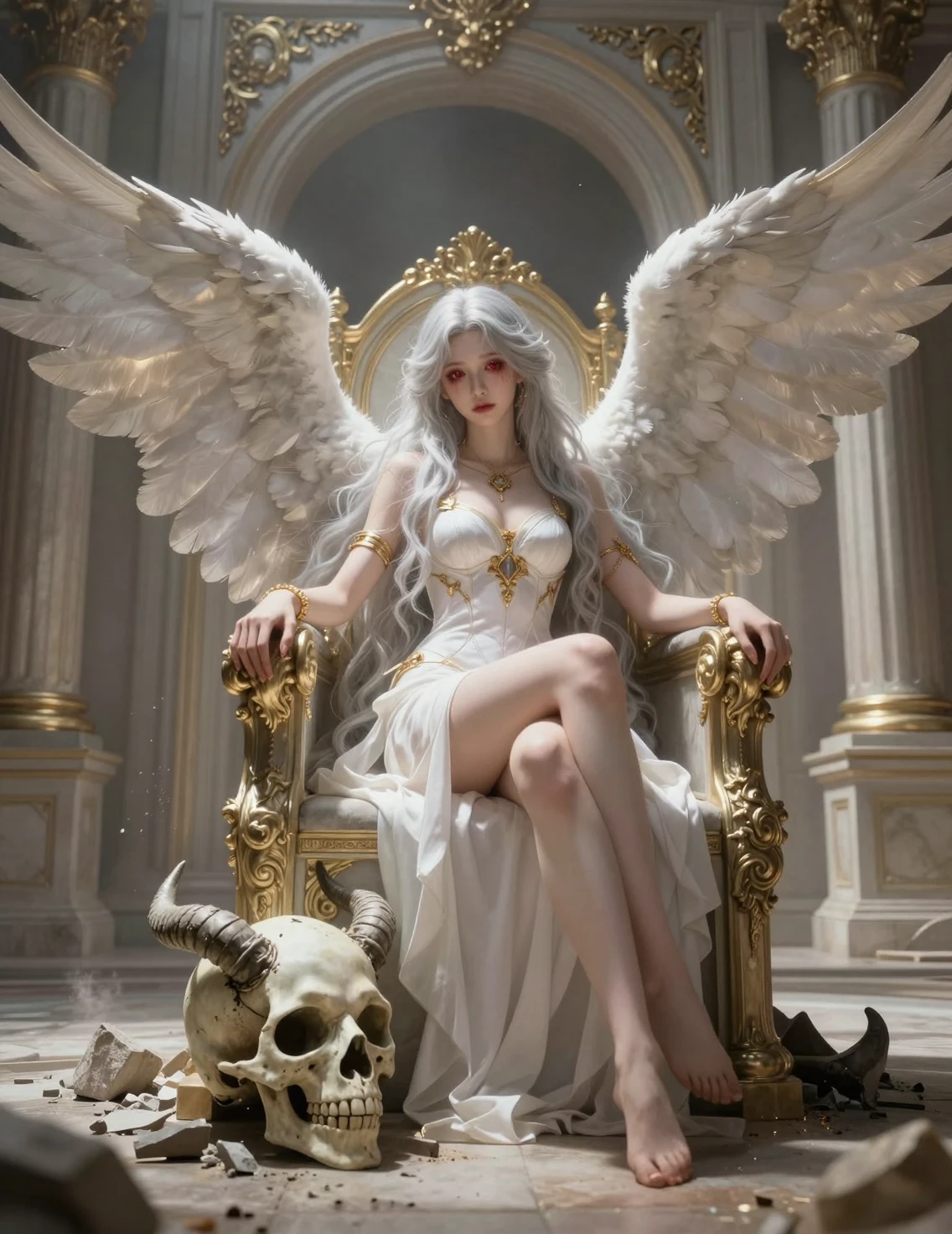 Melancholic angel seated on a grand ornate throne