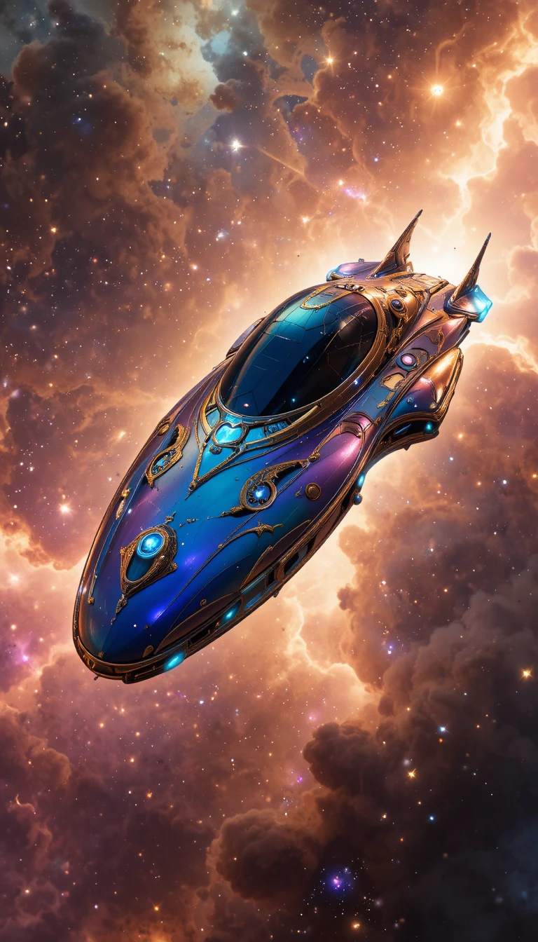 Luxurious spaceship gliding through a glowing cosmic nebula