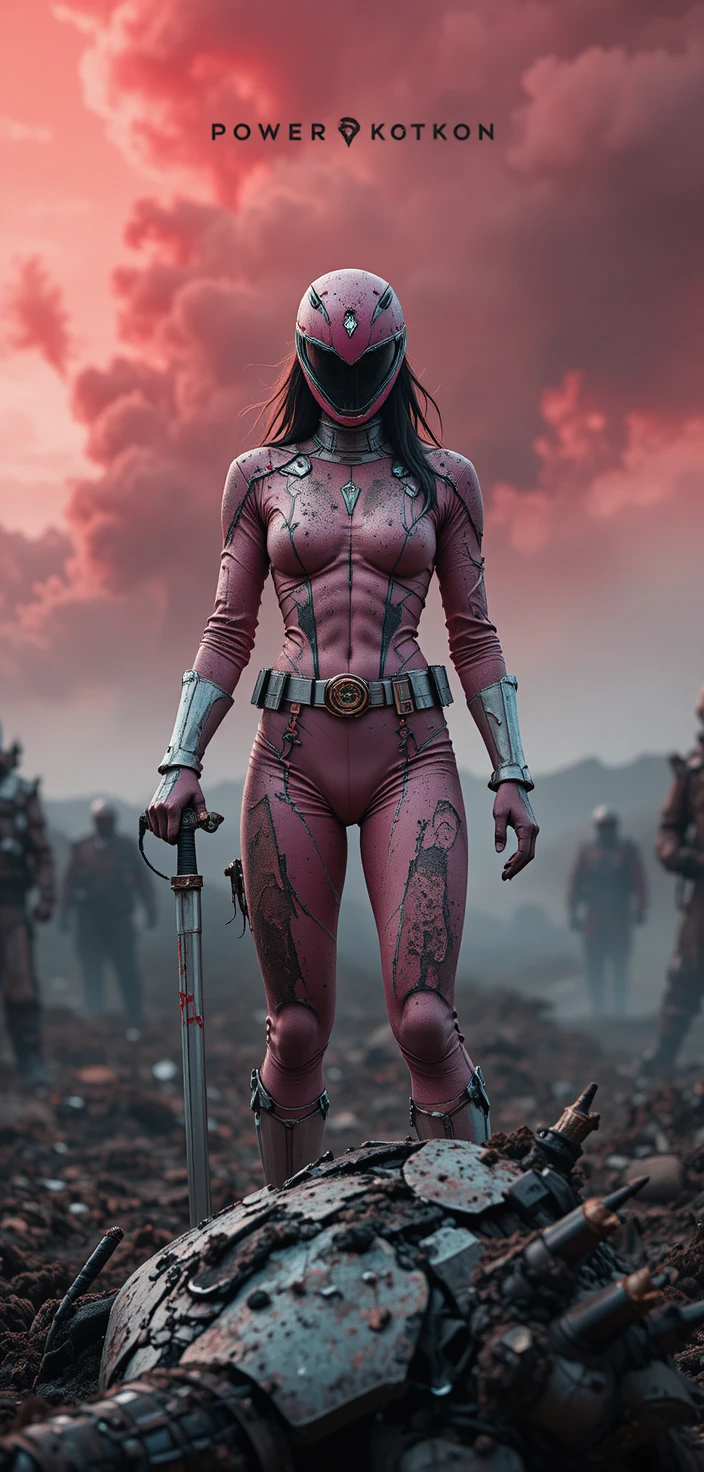 Battle worn female ranger standing over defeated mech beast
