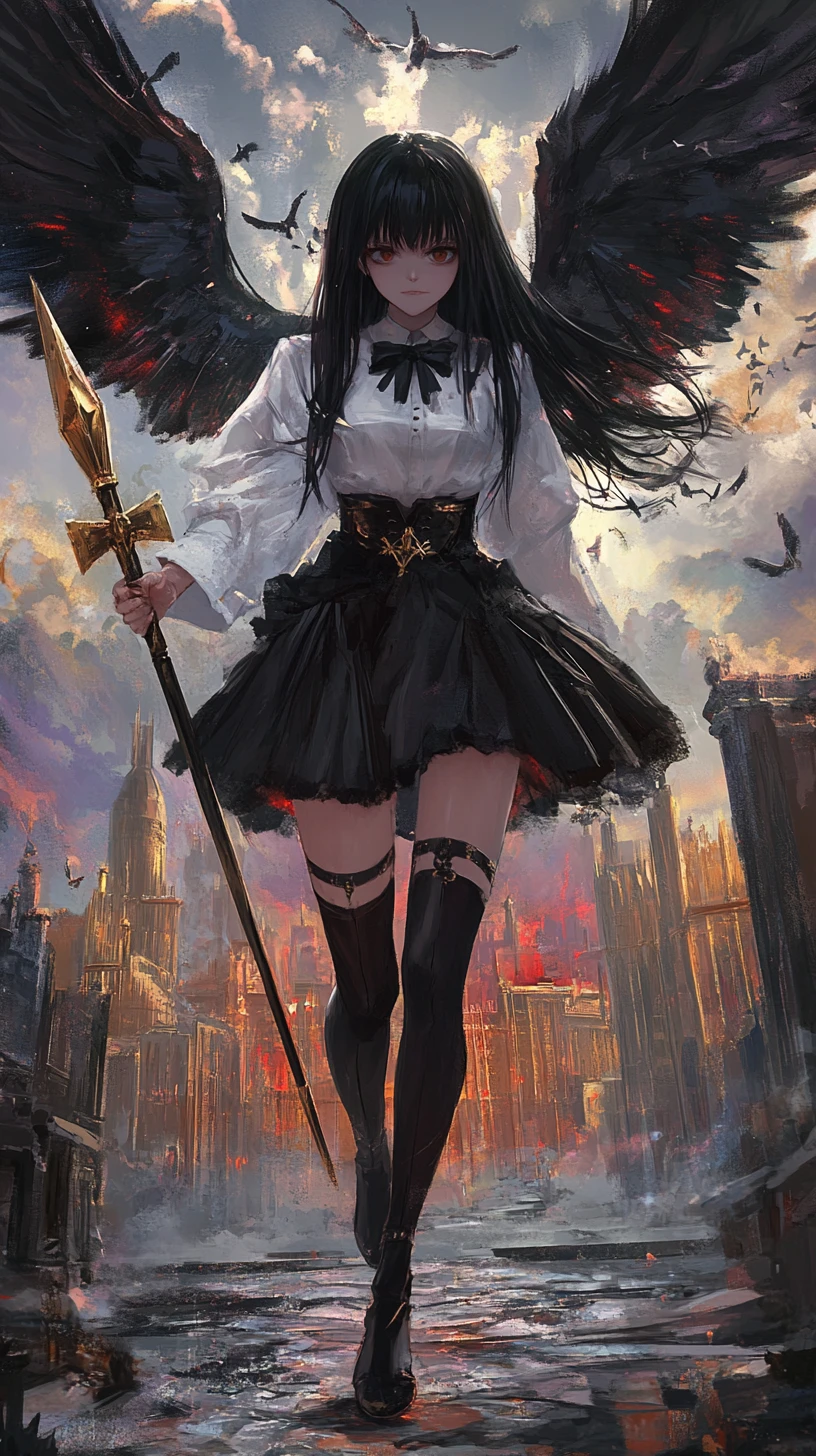 Anime girl with dark halo and geometric angel wings