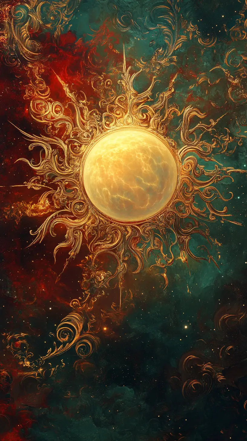 Radiant golden sun amid swirling celestial clouds