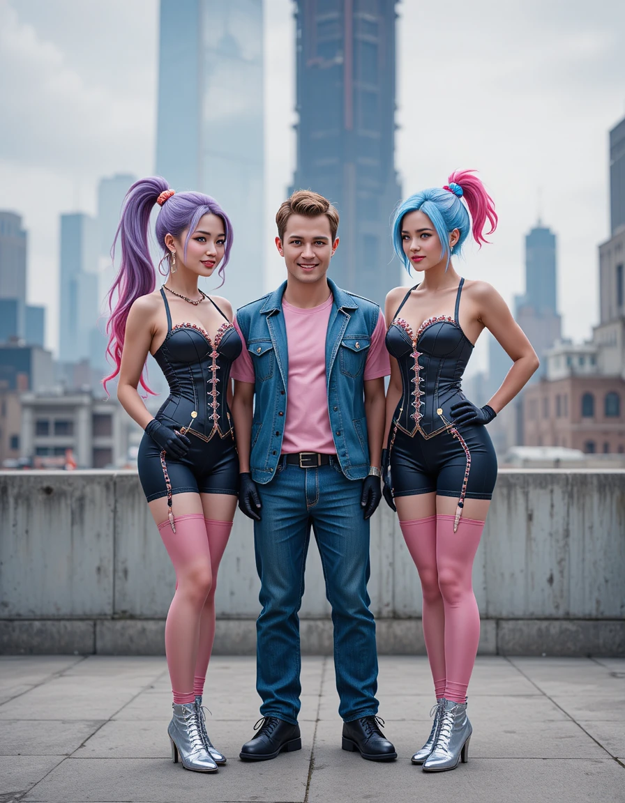 Eccentric costumed friends posing against bright pink backdrop