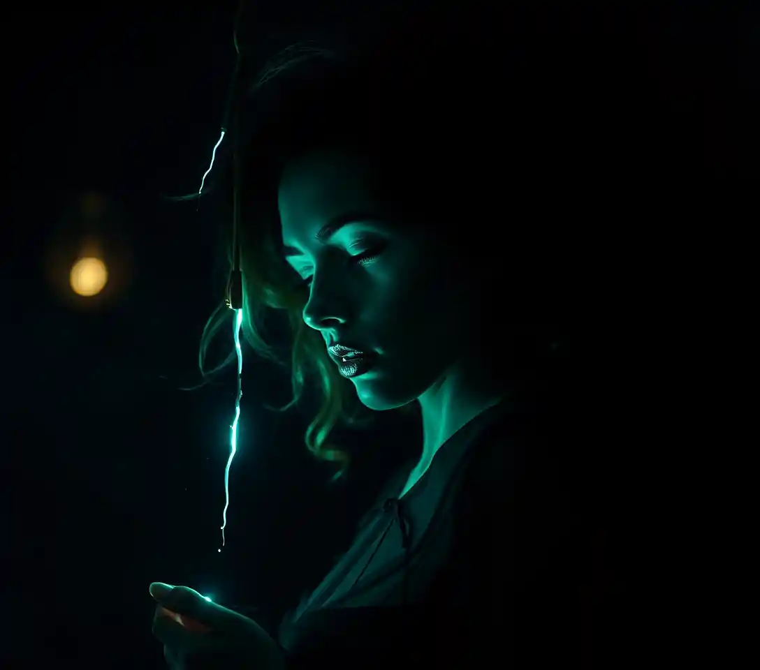 Ethereal woman suspended in a moonlit urban alley
