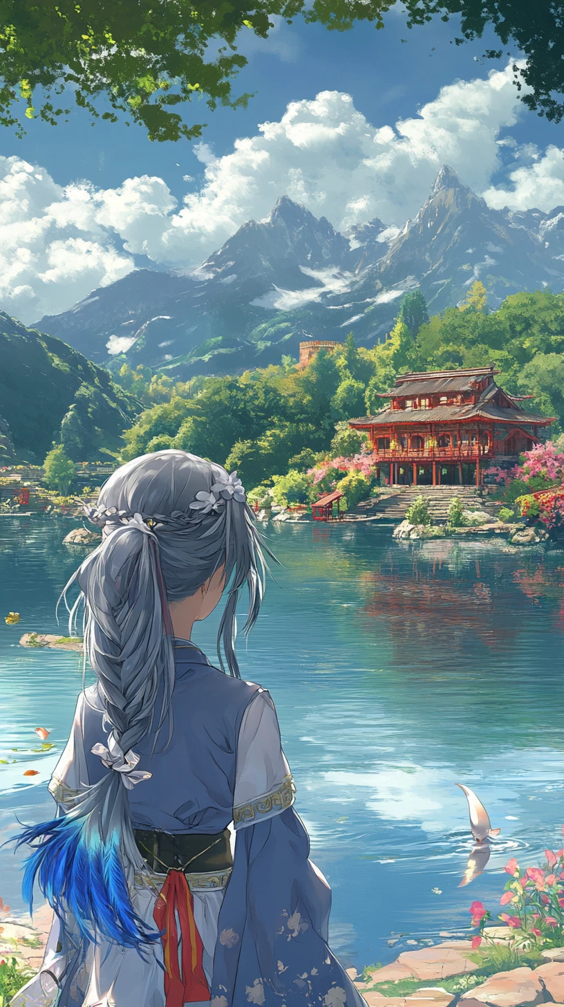 Girl by a tranquil mountain lake with island ruins