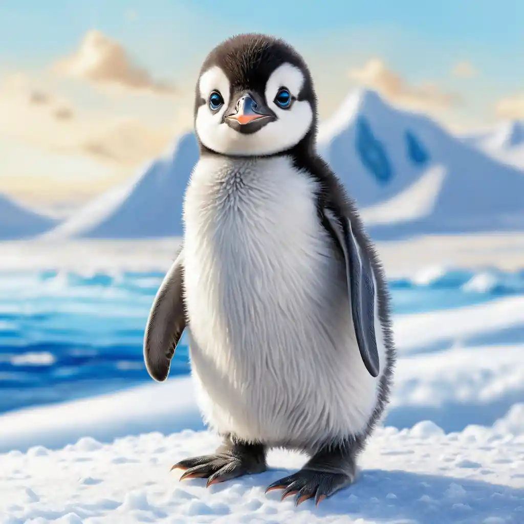 Cute Baby Penguin With Blue Eyes Colored Pencil Illustration
