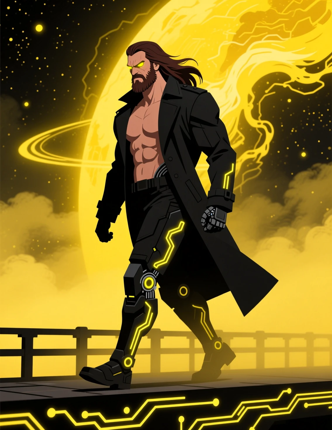 Tall cybernetic warrior walking on a glowing bridge