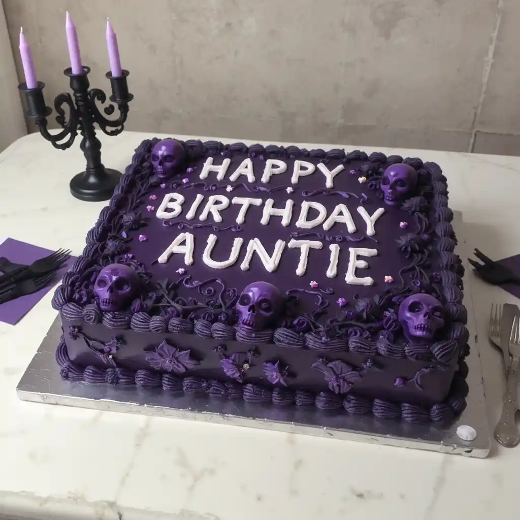 Purple birthday cake with skull candelabra and party napkins