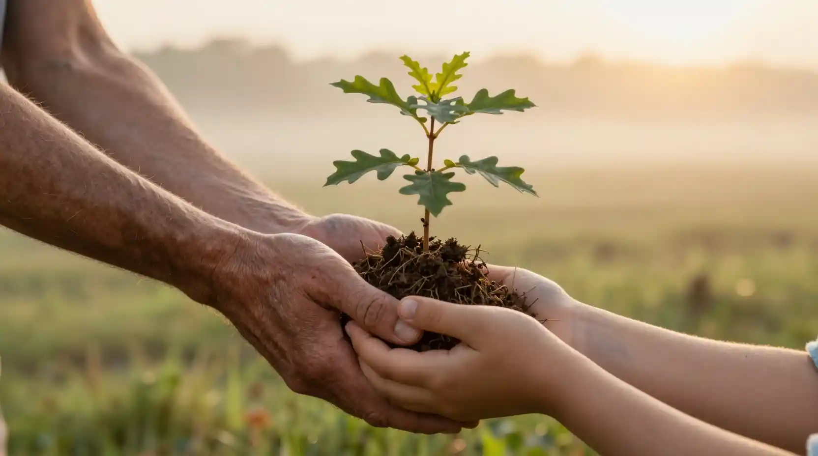Child and adult hands holding a small oak sapling