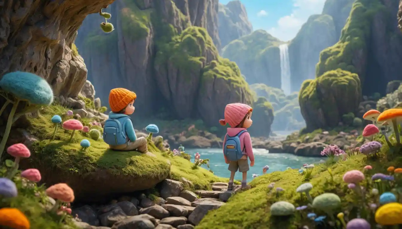 Cute children exploring a colorful 3d fantasy world
