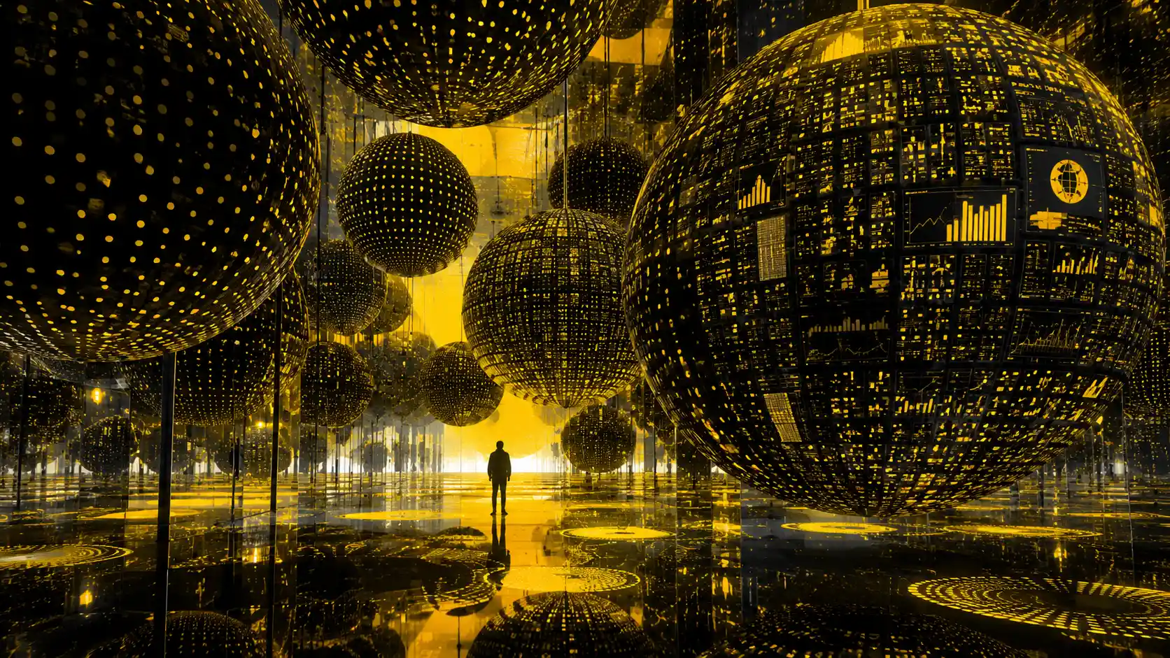 Surreal Data Spheres Floating In A Reflective Mirror Room