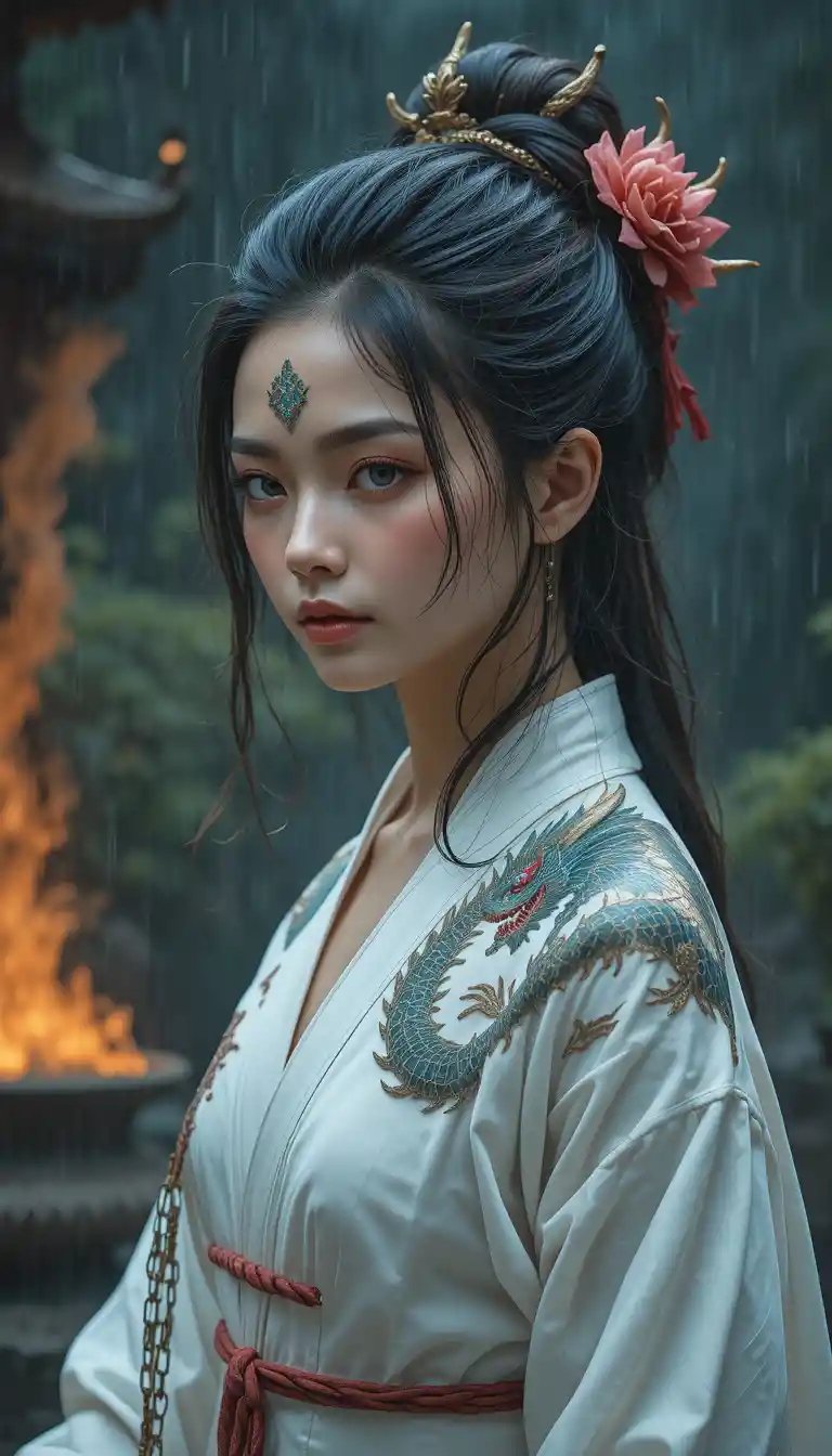 Asian woman with dragon back tattoo breathing fire in rain