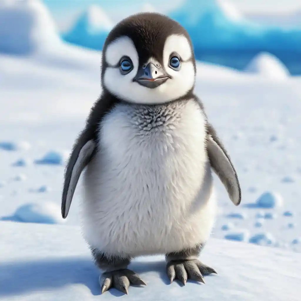 Cute baby penguin with blue eyes in colored pencil style