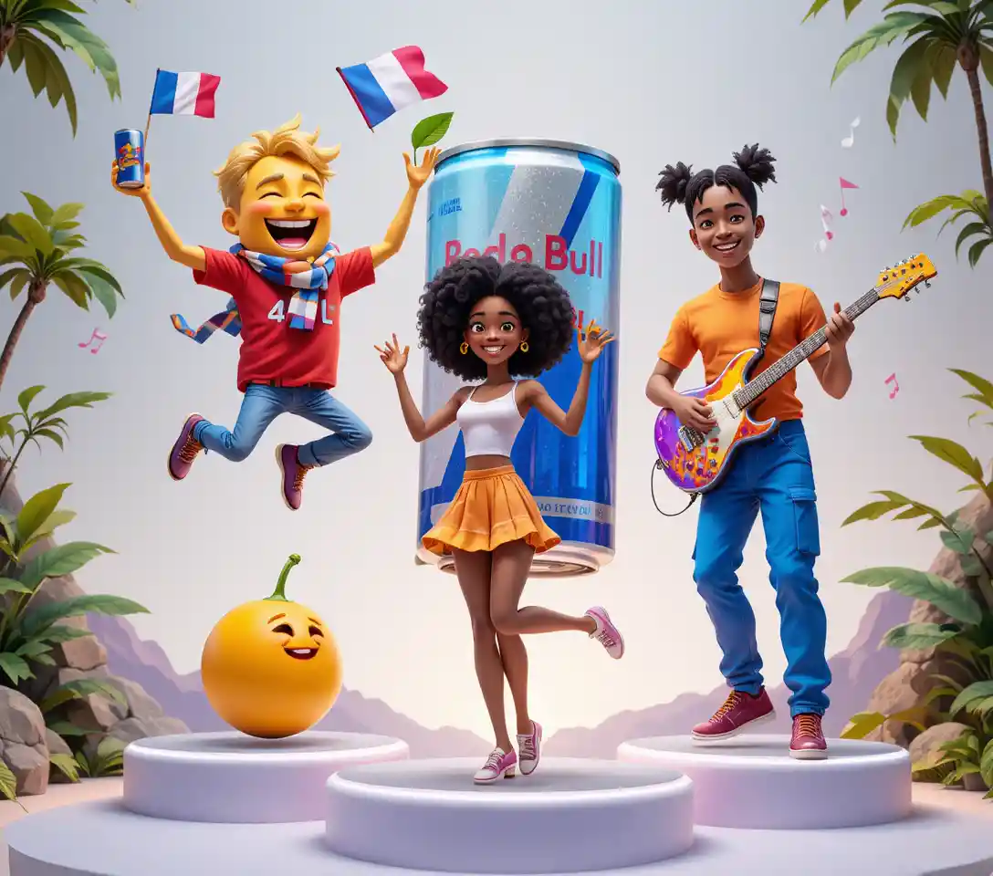 Joyful mango character leaping in tropical waterfall grove