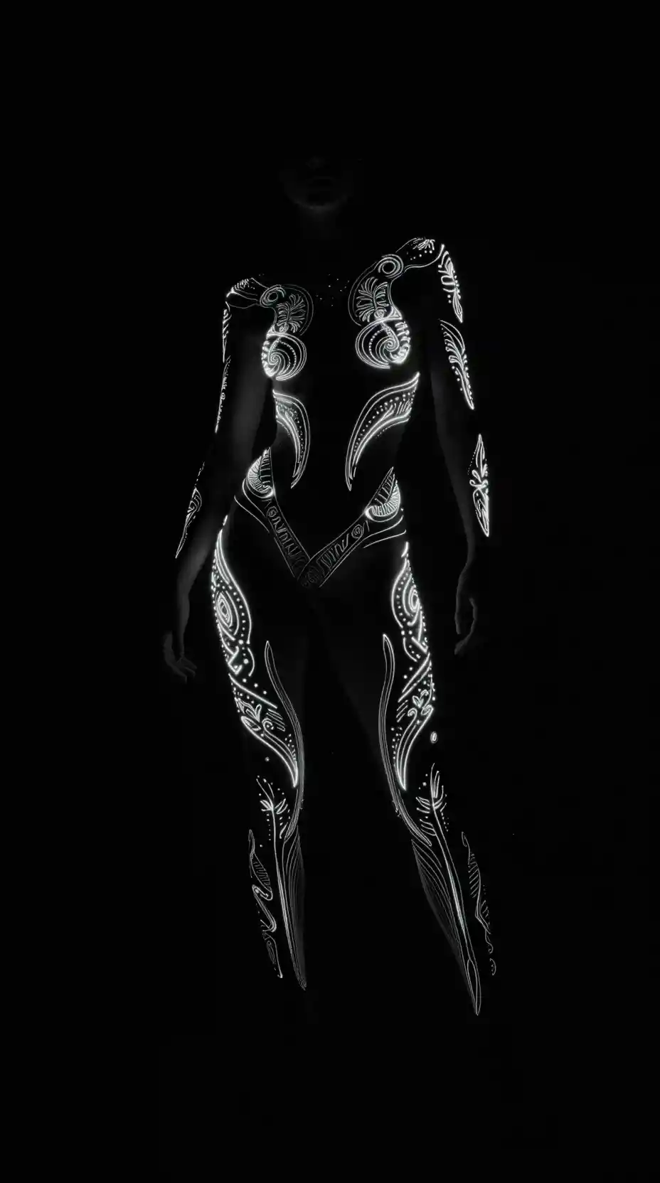 Glowing creature defined by light patterns in darkness