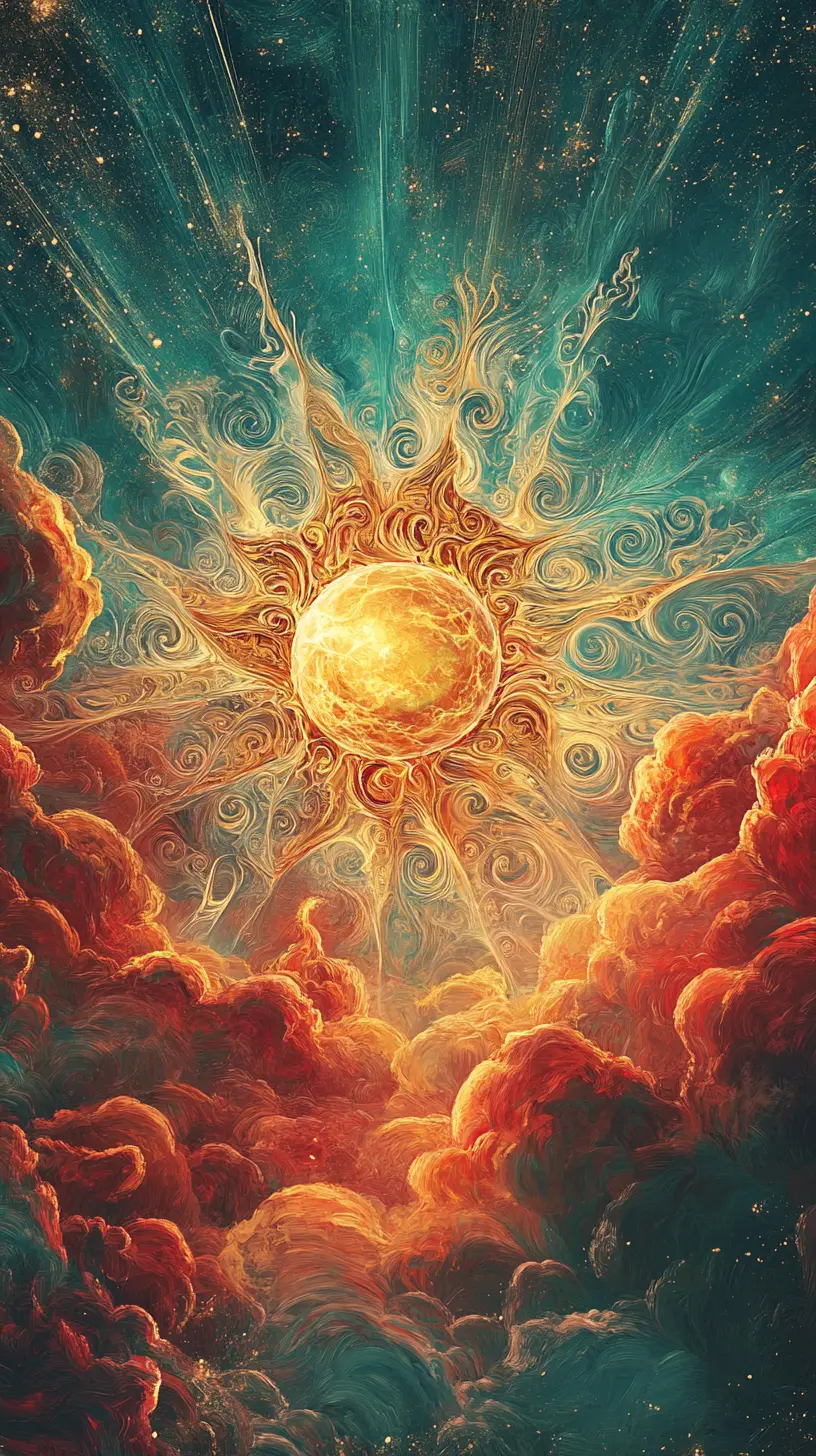 Radiant golden sun with baroque flares in cosmic clouds