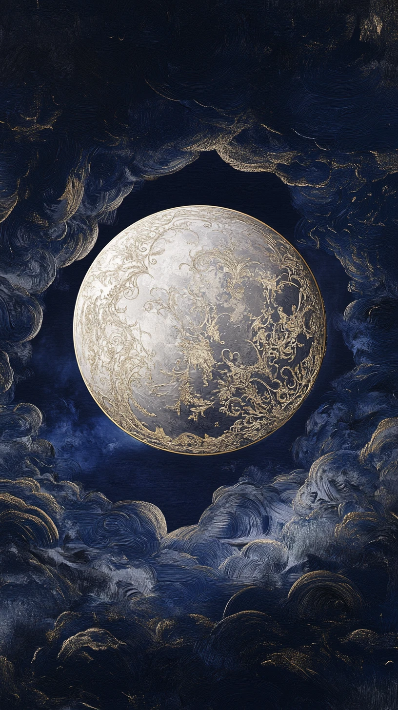 Serene Baroque Moon Against Deep Swirling Night Clouds