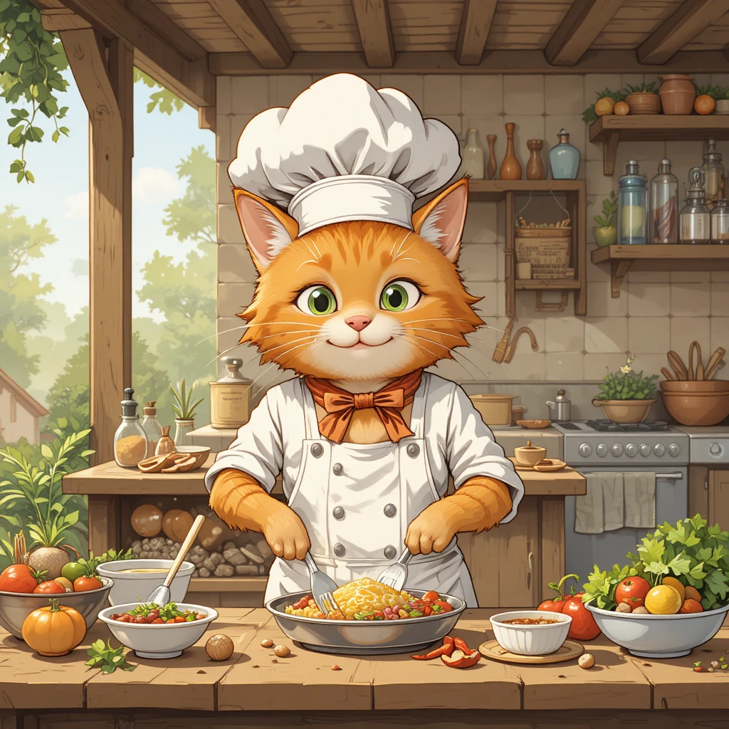 Orange tabby cat chef working in a rustic outdoor kitchen