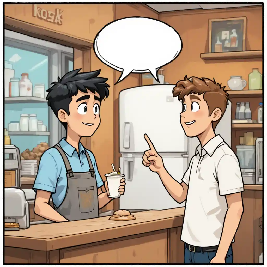 Man ordering yogurt at cafe counter in comic strip