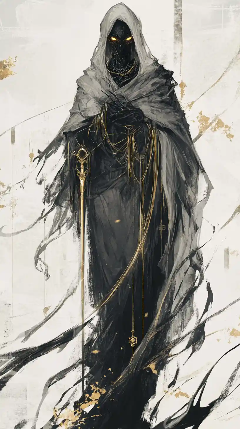 Ethereal anime reaper woman in dissolving abstract landscape