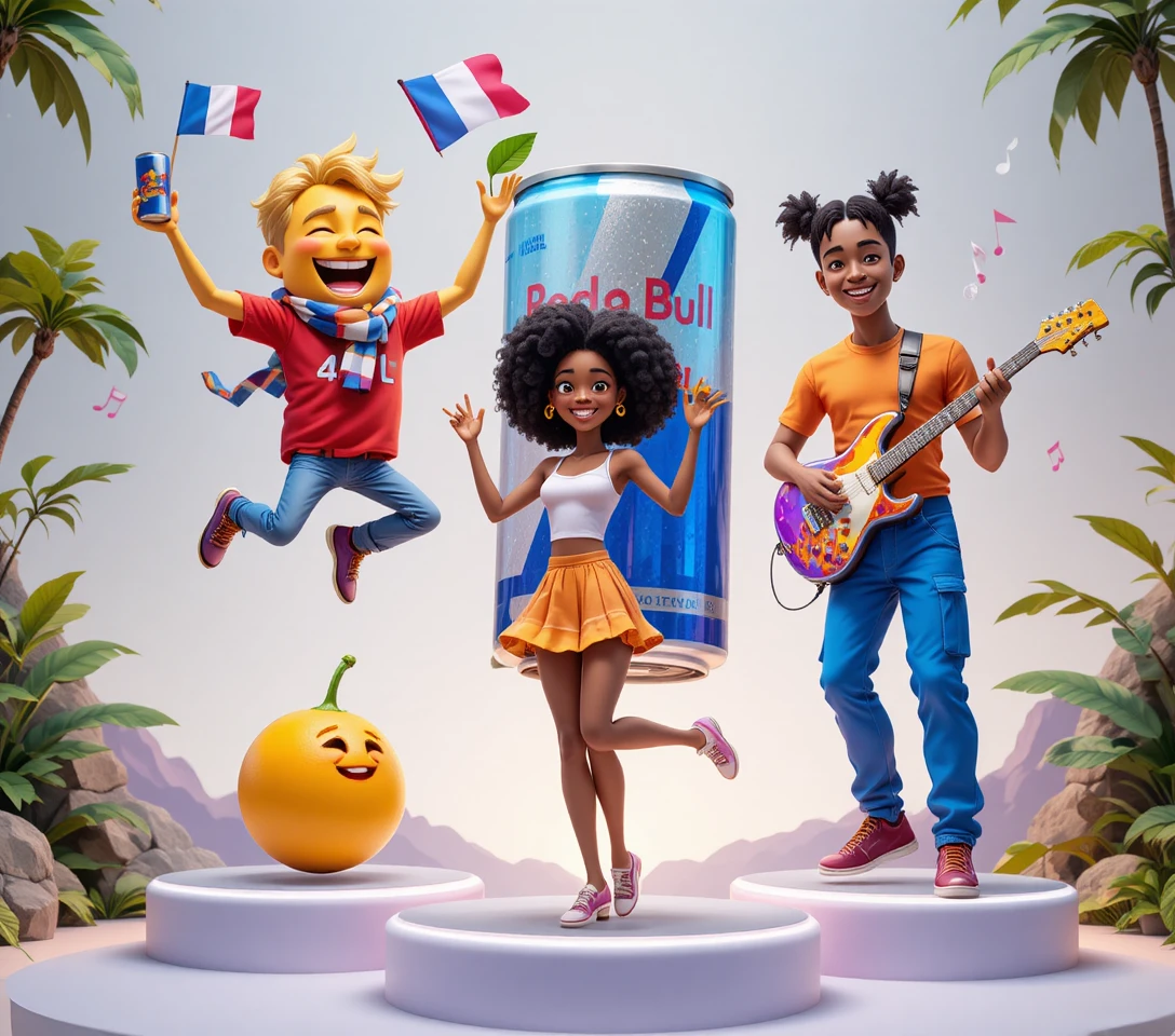 Joyful mango character leaping in tropical waterfall grove
