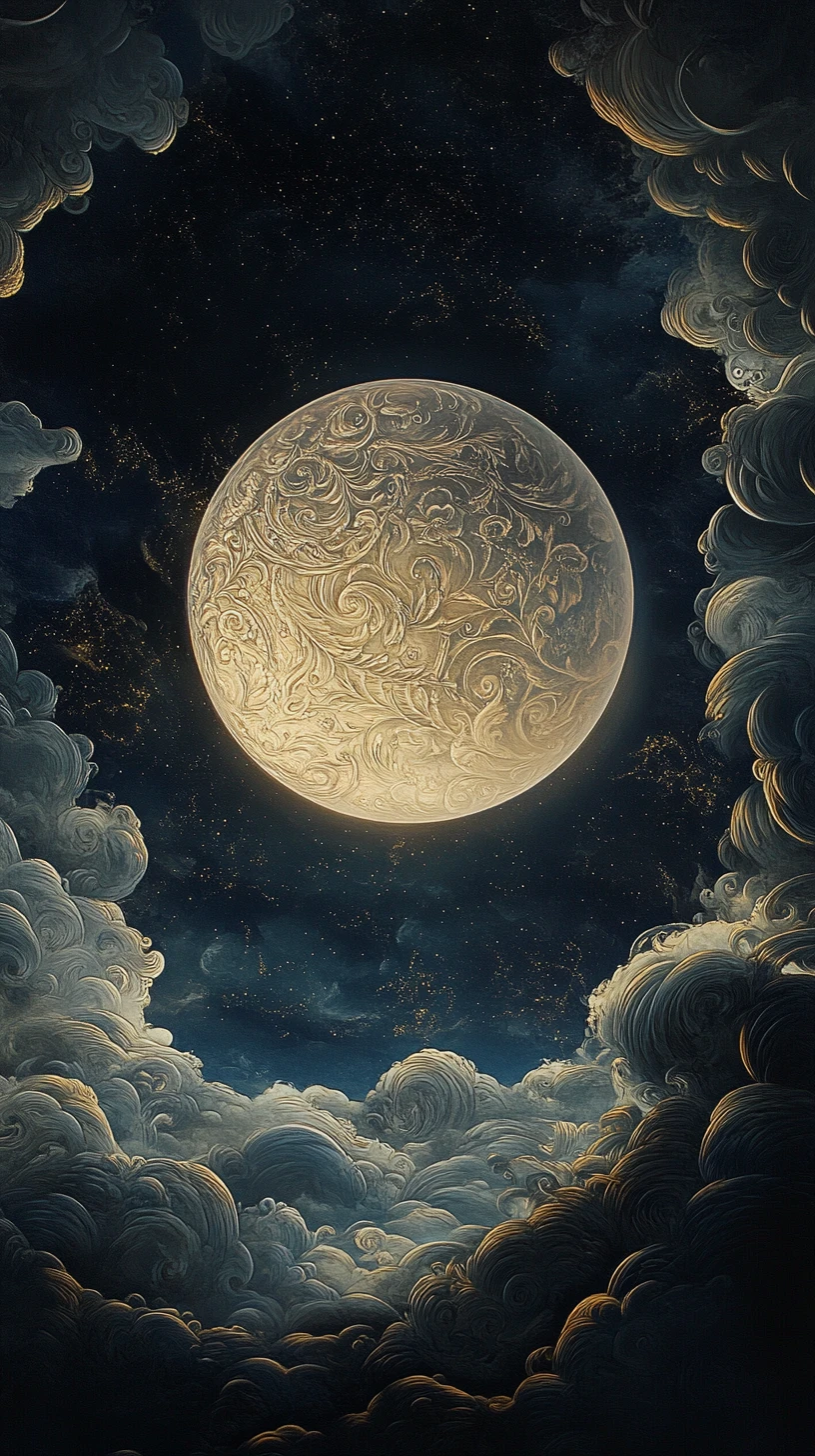 Serene Baroque Moon Against Deep Swirling Night Sky
