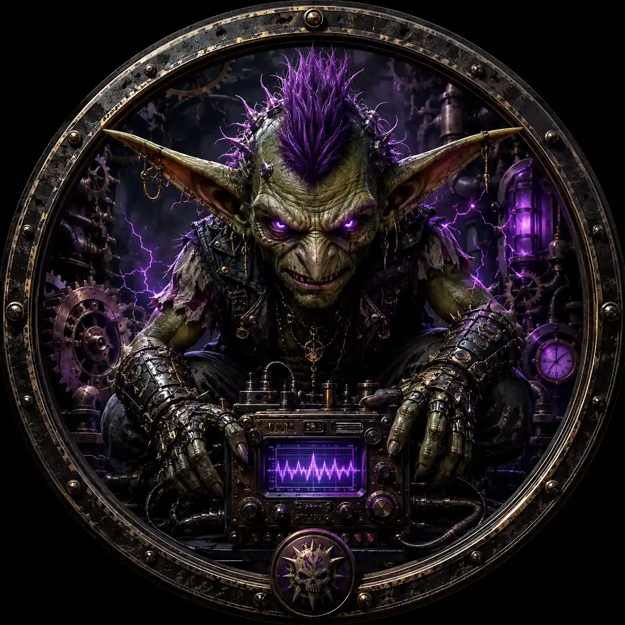 Menacing goblin with audio device in steampunk emblem