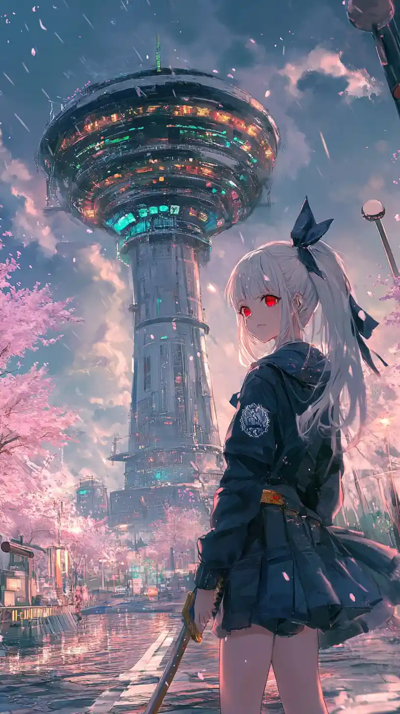 Anime girl near concrete tower with neon green lights