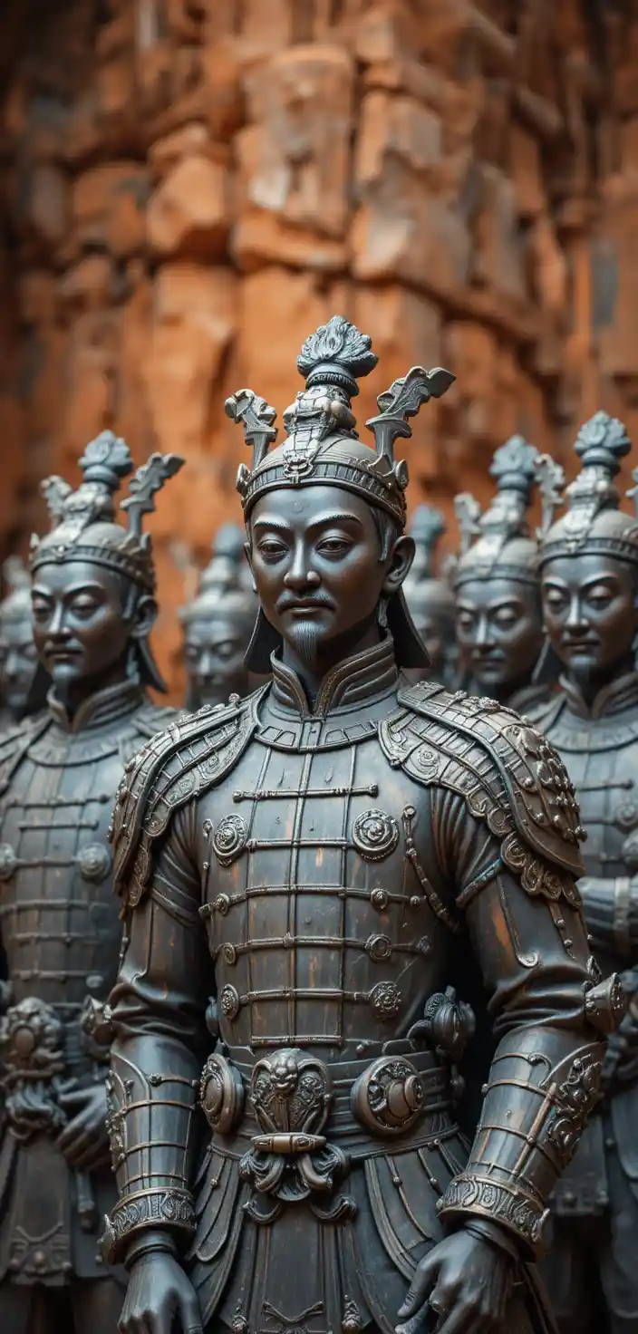 Bronze warrior statues in traditional Chinese armor lineup