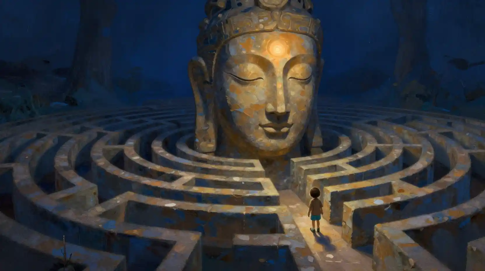 Child in a colossal stone face labyrinth fantasy scene