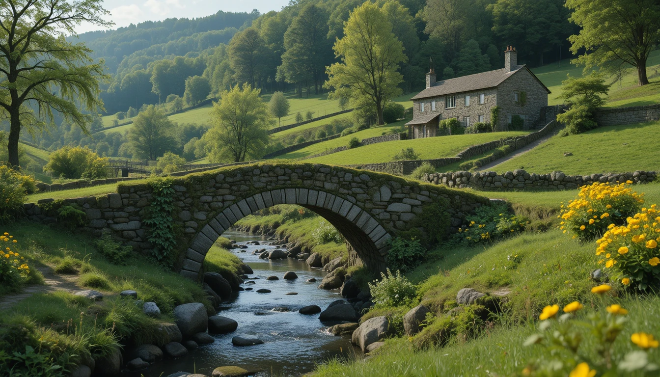 Stone arch bridge over stream in lush green countryside
