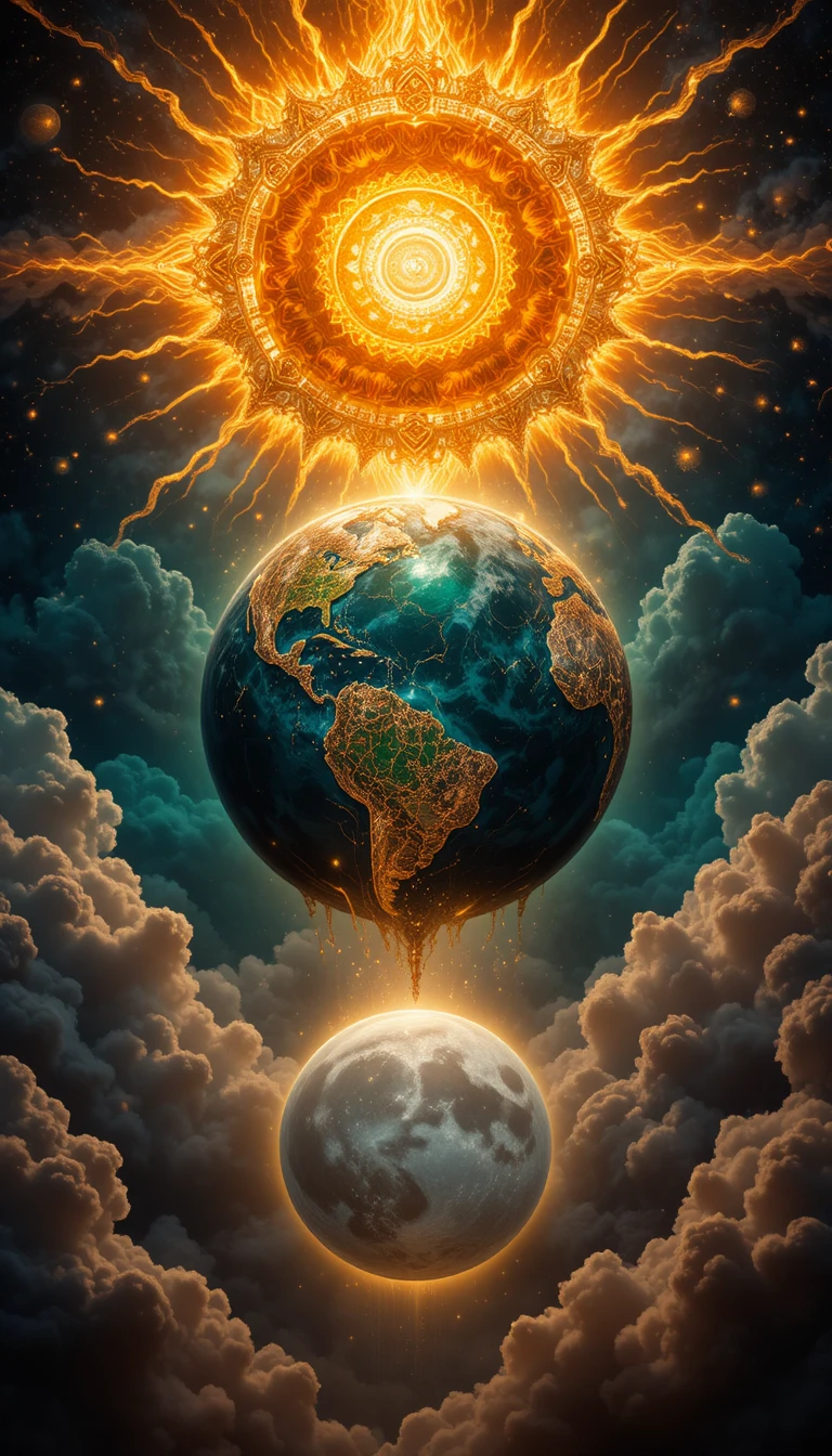 Baroque Sun Earth And Moon In Vertical Cosmic Alignment